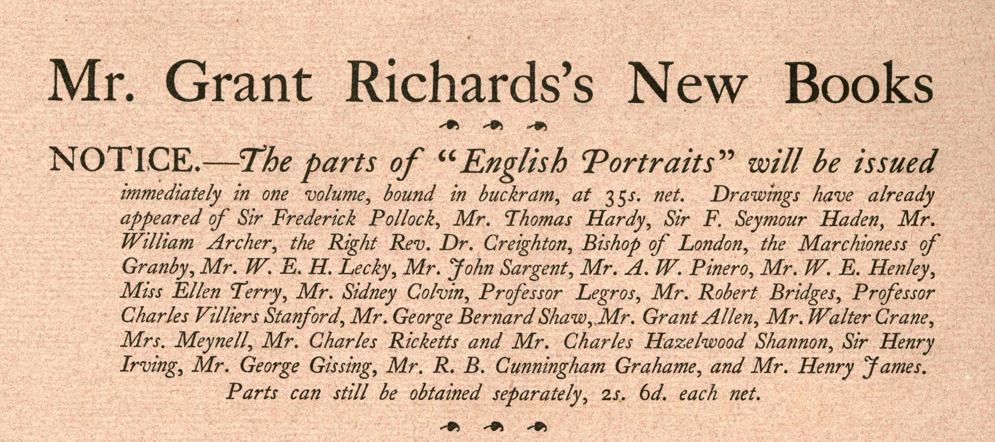 William Rothenstein『English Portraits』（1898年、Grant Richards）の広告